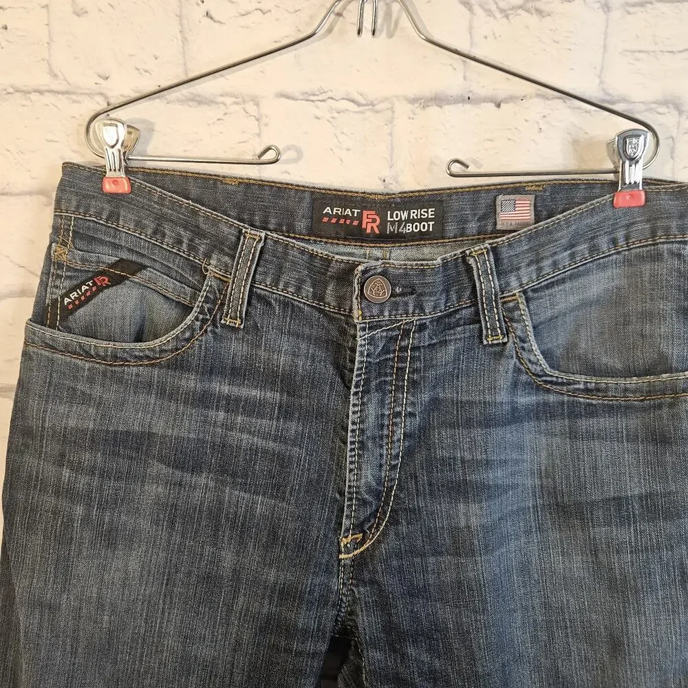 Ariat Men's FR M4 Low Rise Boot Cut Jeans, Med Wash, Size 34/30 Flawed